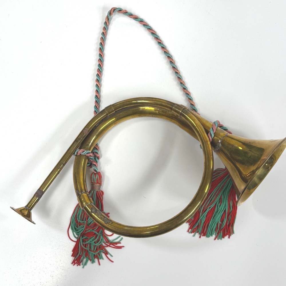 Vintage Brass French Horn Medium Brass instrument decor Red Green Tassels Wreath - Picture 9 of 10